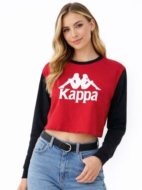 Kappa Cropped Long Sleeve Logo Top Y2K 90s Revival Red Black Urban Outfitters Sm